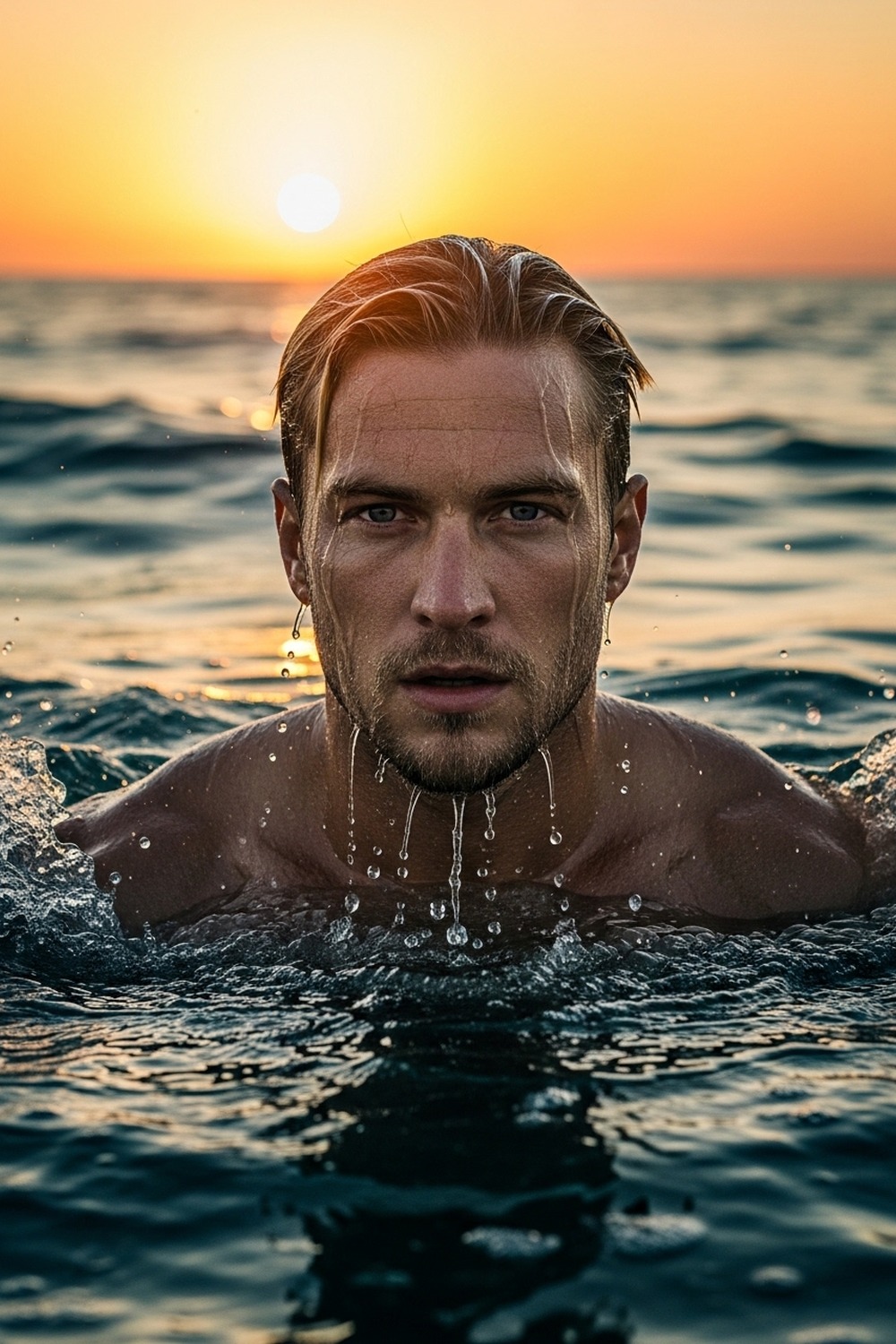 Daniel Craig as James Bond emerging from the ocean in an iconic blue swimsuit scene