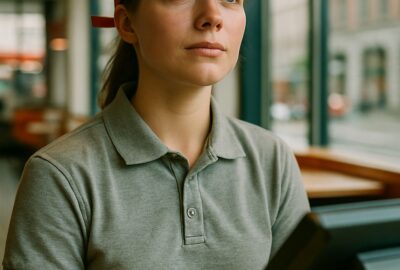 Smiling fast-food workers in gray uniforms and red caps at a sunlit service counter