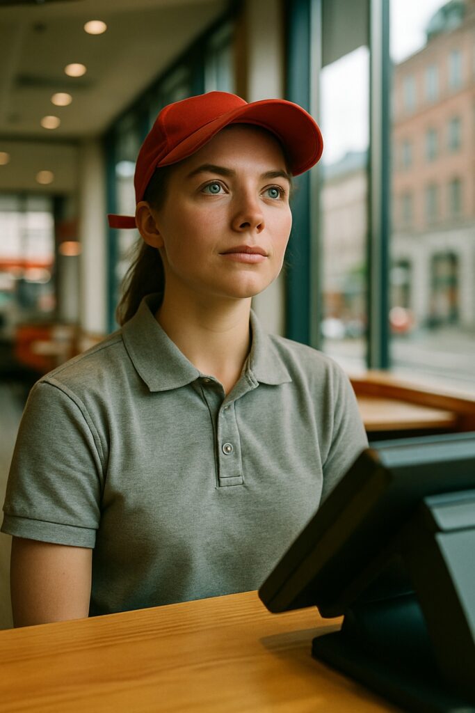 Smiling fast-food workers in gray uniforms and red caps at a sunlit service counter