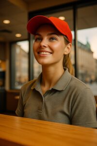Smiling fast-food workers in gray uniforms and red caps at a bright modern service counter