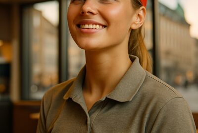 Smiling fast-food workers in gray uniforms and red caps at a bright modern service counter