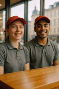 Smiling fast-food workers in red caps behind a modern wooden service counter