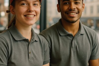 Smiling fast-food workers in red caps behind a modern wooden service counter