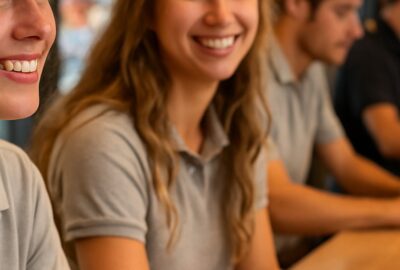 Smiling Danish fast-food workers in gray uniforms behind a bright modern counter