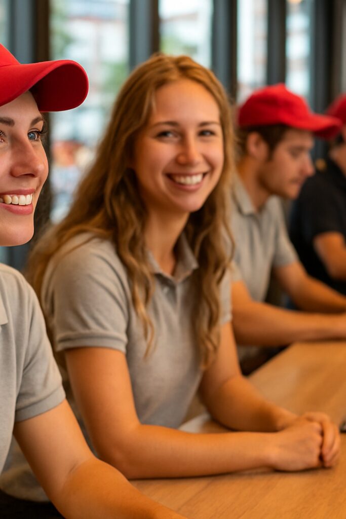 Smiling Danish fast-food workers in gray uniforms behind a bright modern counter