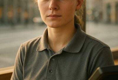Smiling fast-food workers in gray uniforms and red caps behind a wooden counter