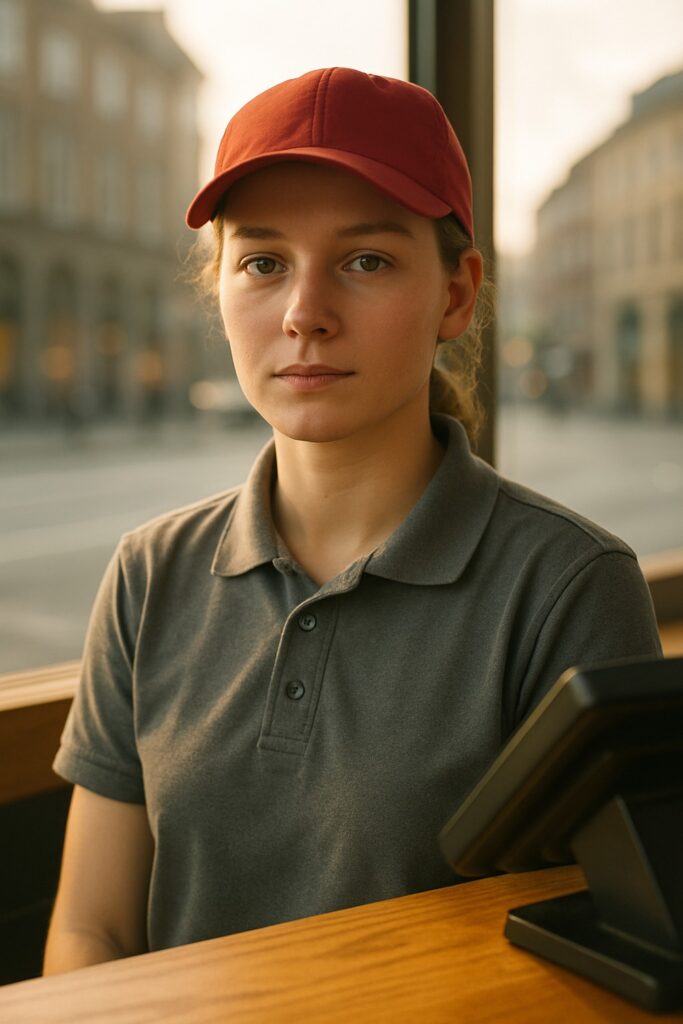 Smiling fast-food workers in gray uniforms and red caps behind a wooden counter