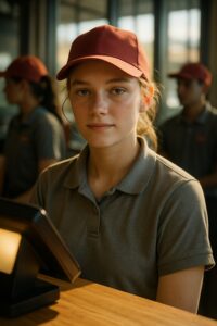 Smiling fast-food workers in red caps and gray uniforms behind a wooden service counter