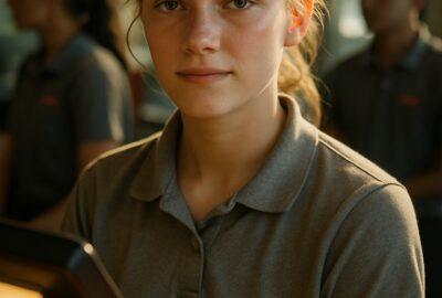 Smiling fast-food workers in red caps and gray uniforms behind a wooden service counter