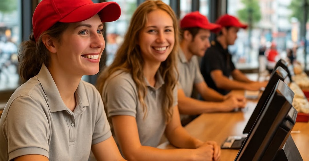 Fast-food workers in red caps viewed from behind facing bright street-facing windows