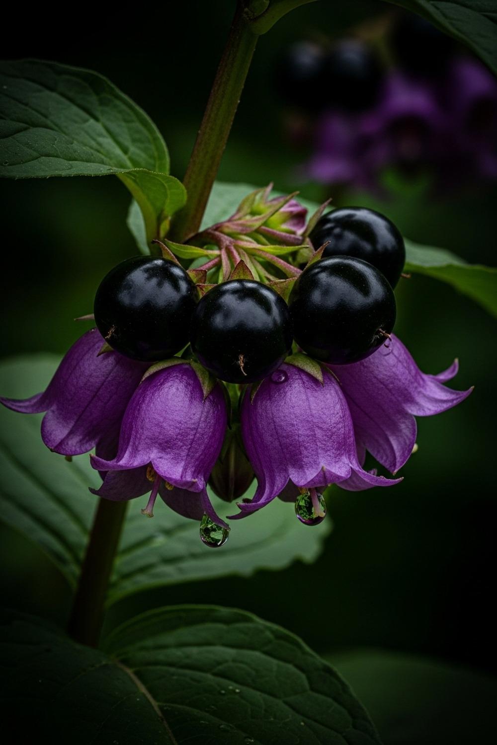 Glossy black deadly nightshade berries on a dark woodland branch with purple bell flowers