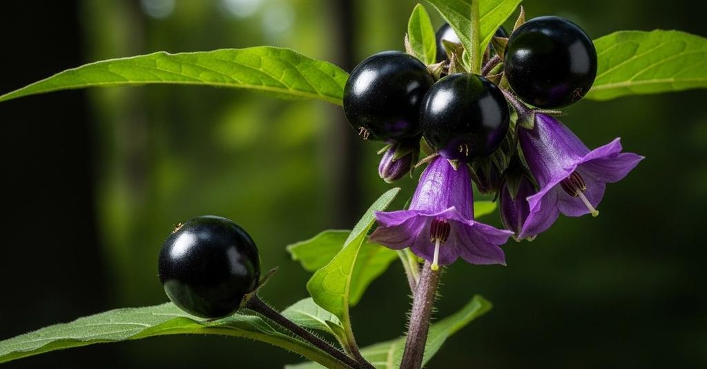 Close-up of Atropa belladonna purple flowers and green leaves in dim forest light