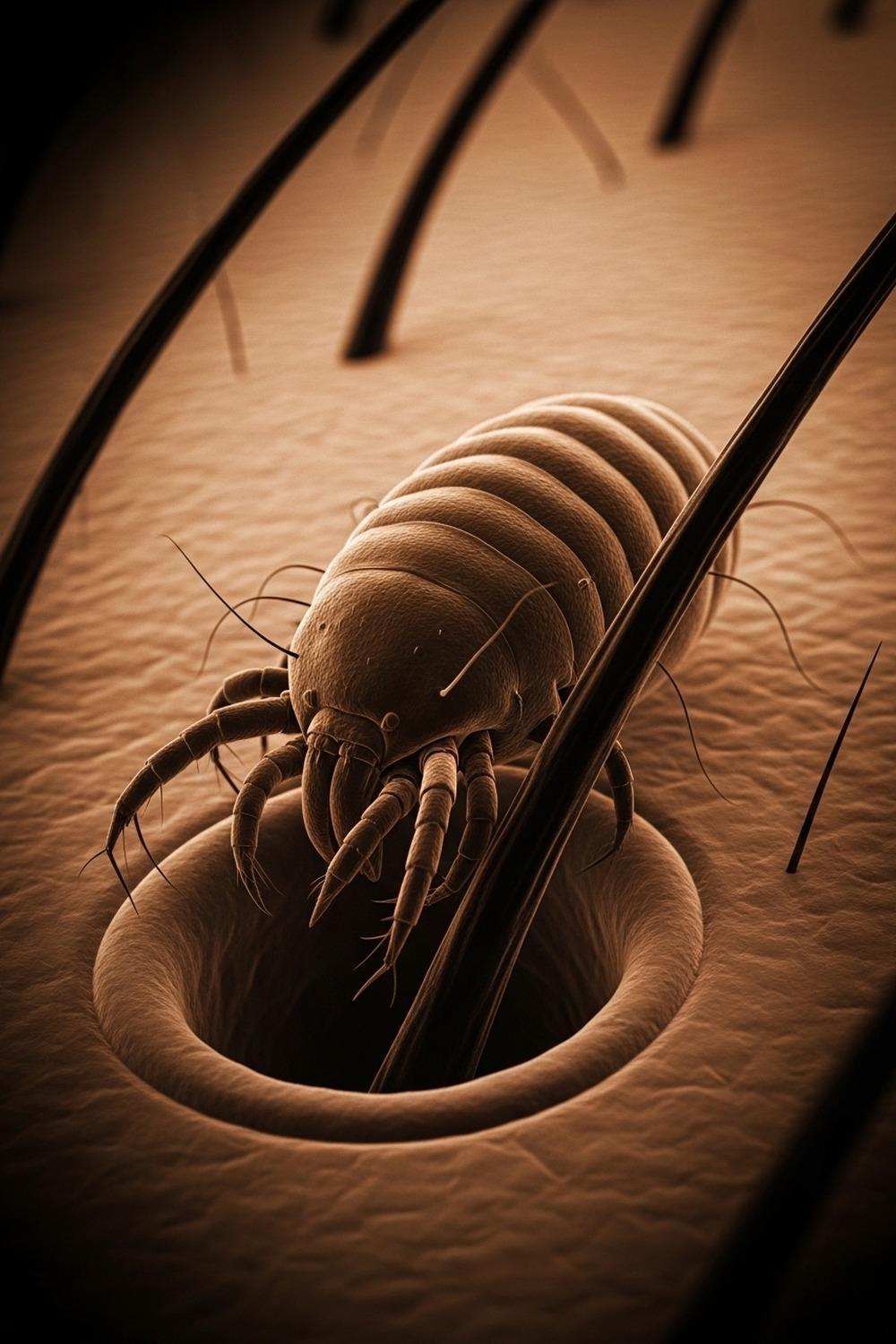 Extreme close-up microscope view of a Demodex folliculorum mite inside a human hair follicle
