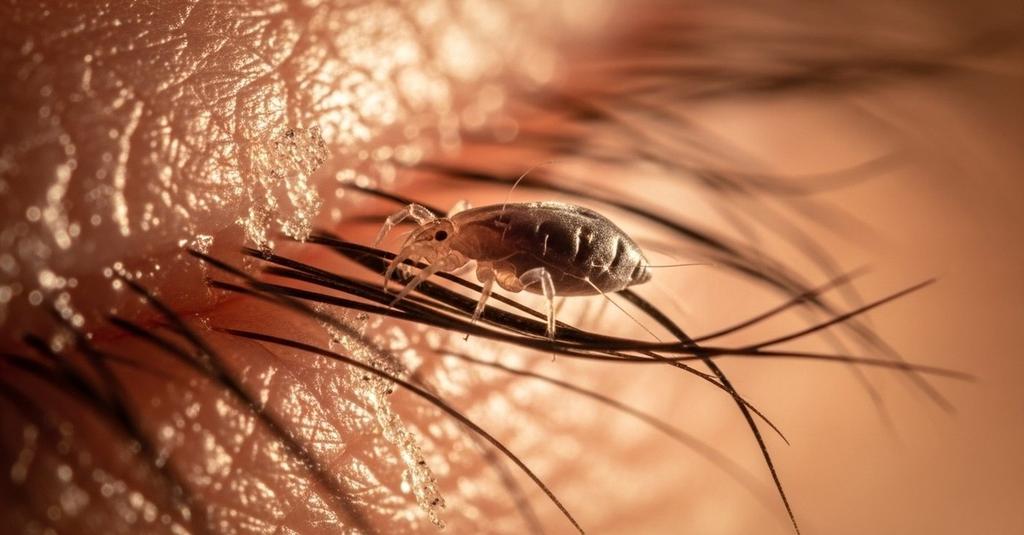 Scanning electron microscope image showing multiple Demodex mites clustered near eyelash roots