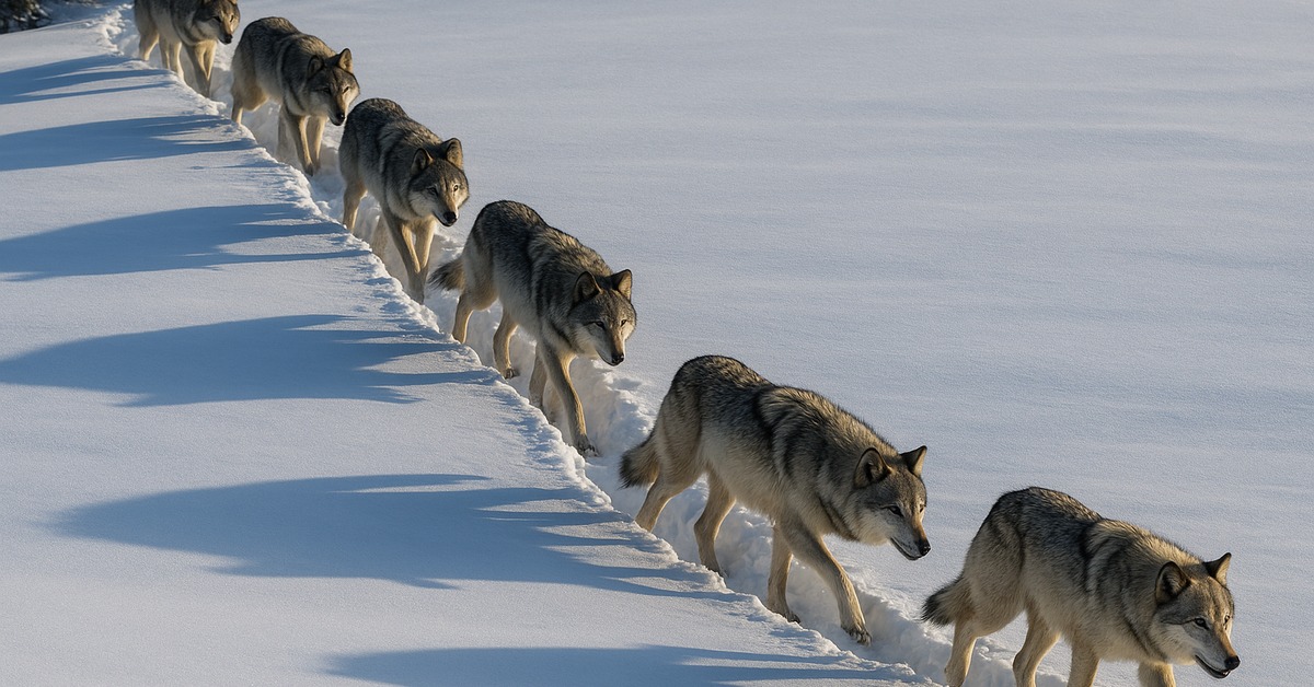Close view of wolf pack alpha pair pushing through icy spruce forest at dusk