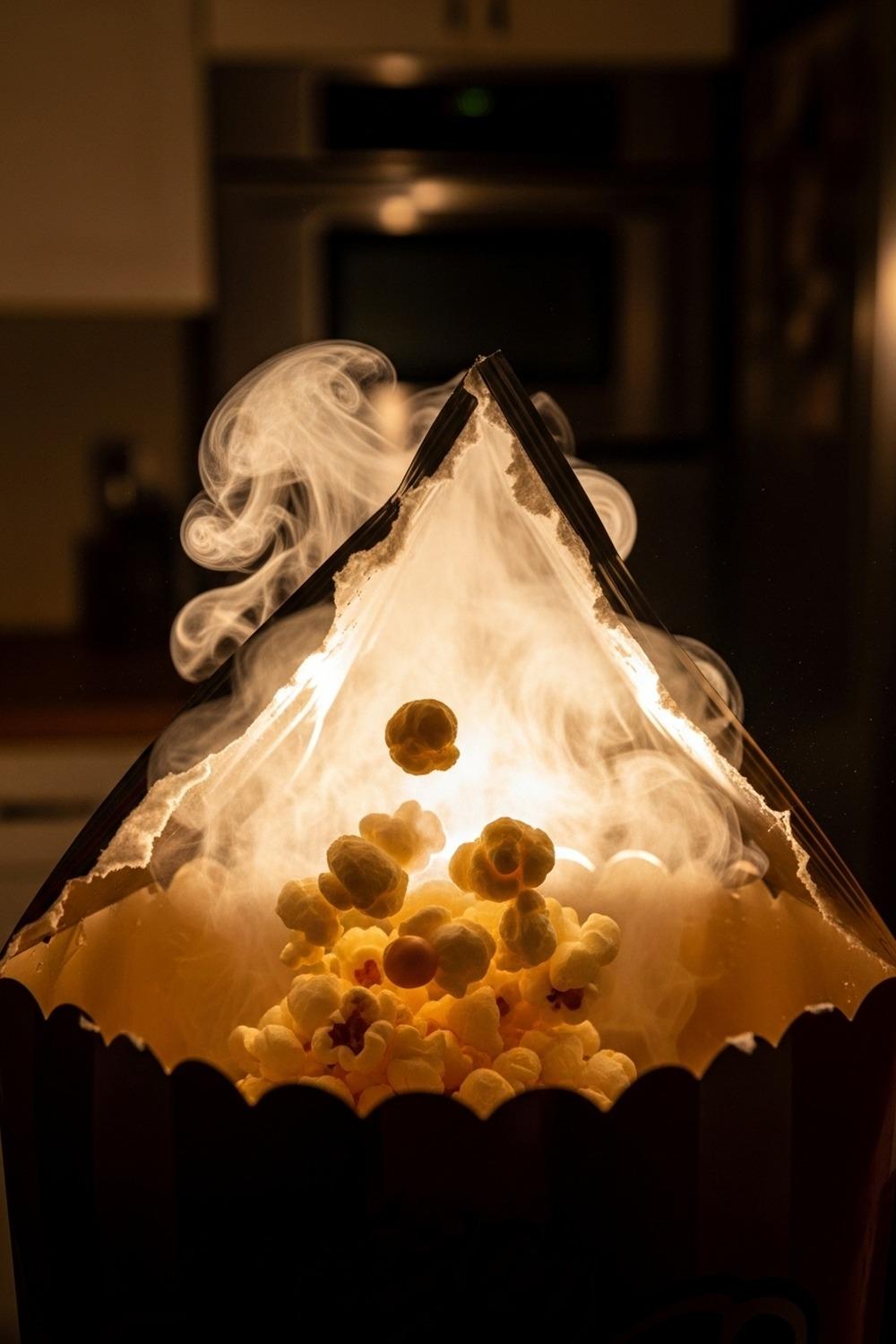 Close-up of steam rising from a freshly opened microwave popcorn bag on a kitchen counter