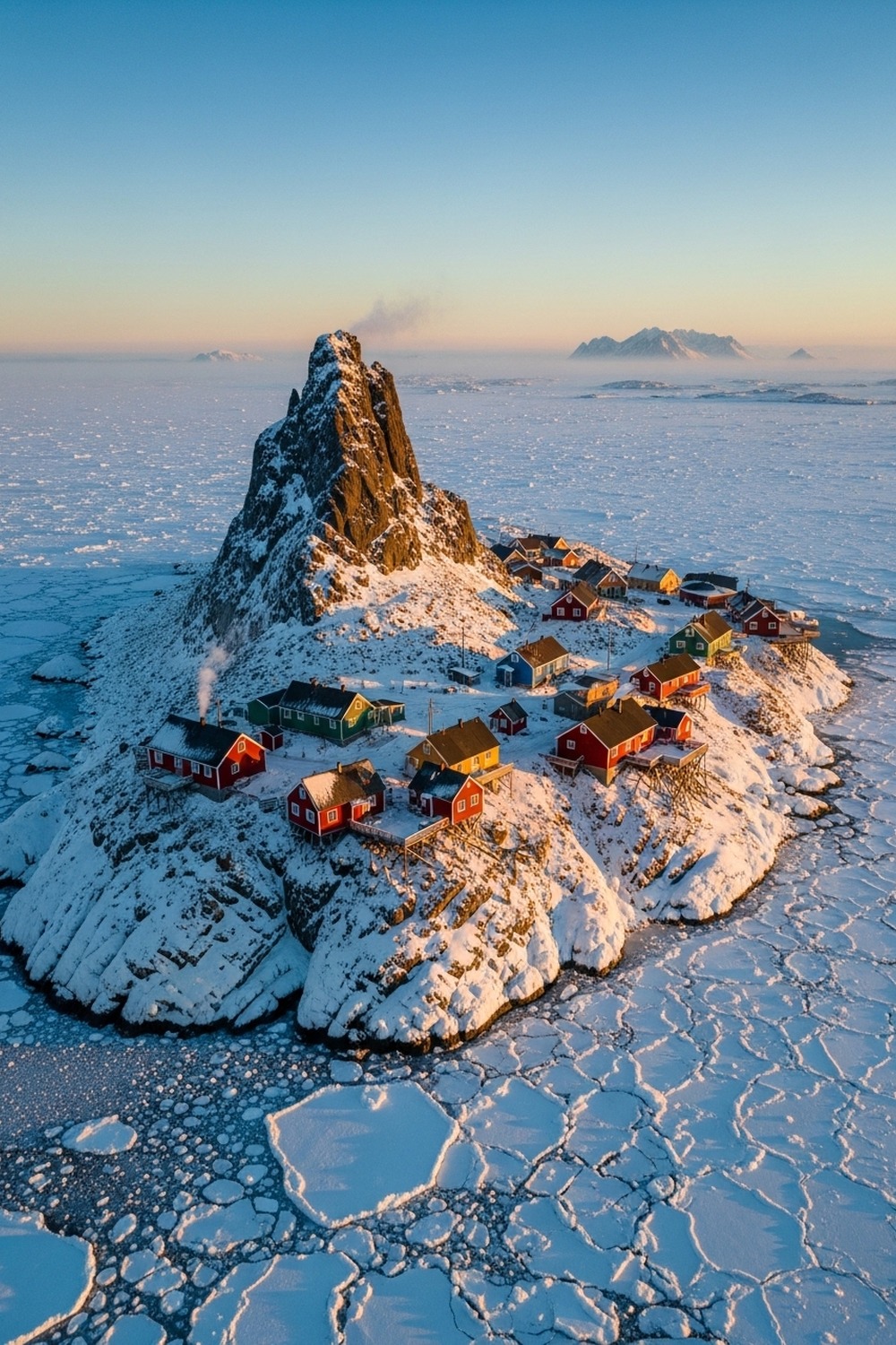 Aerial view of Little Diomede Island surrounded by frozen Arctic Bering Strait ice