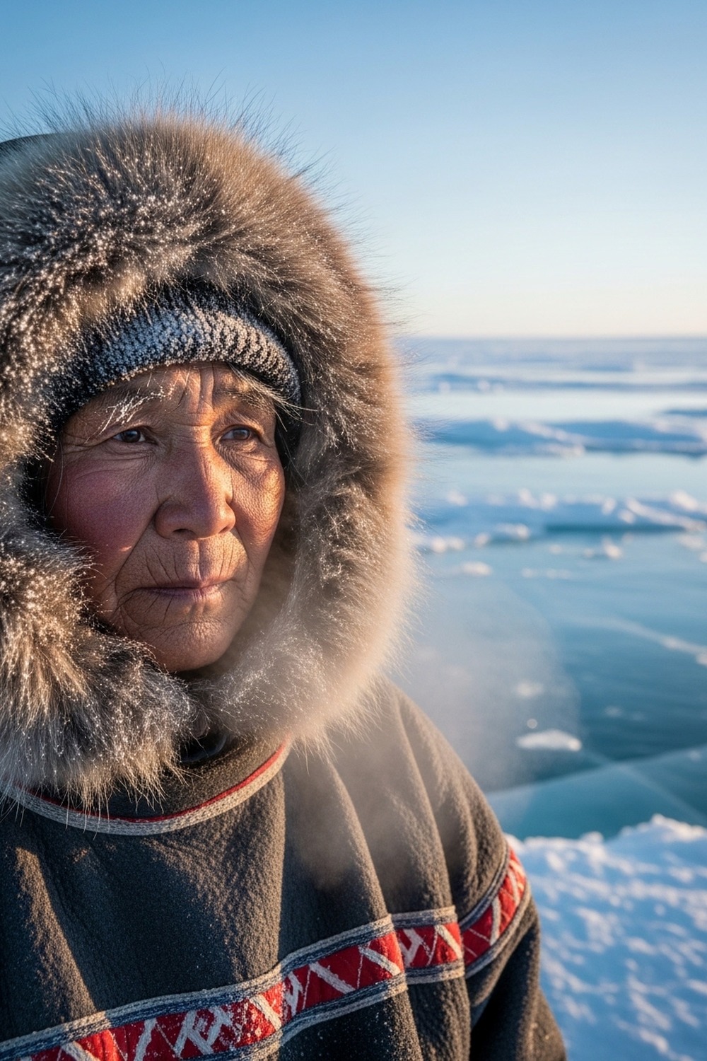 Iñupiat hunter standing on frozen Bering Strait ice between two rocky Arctic islands