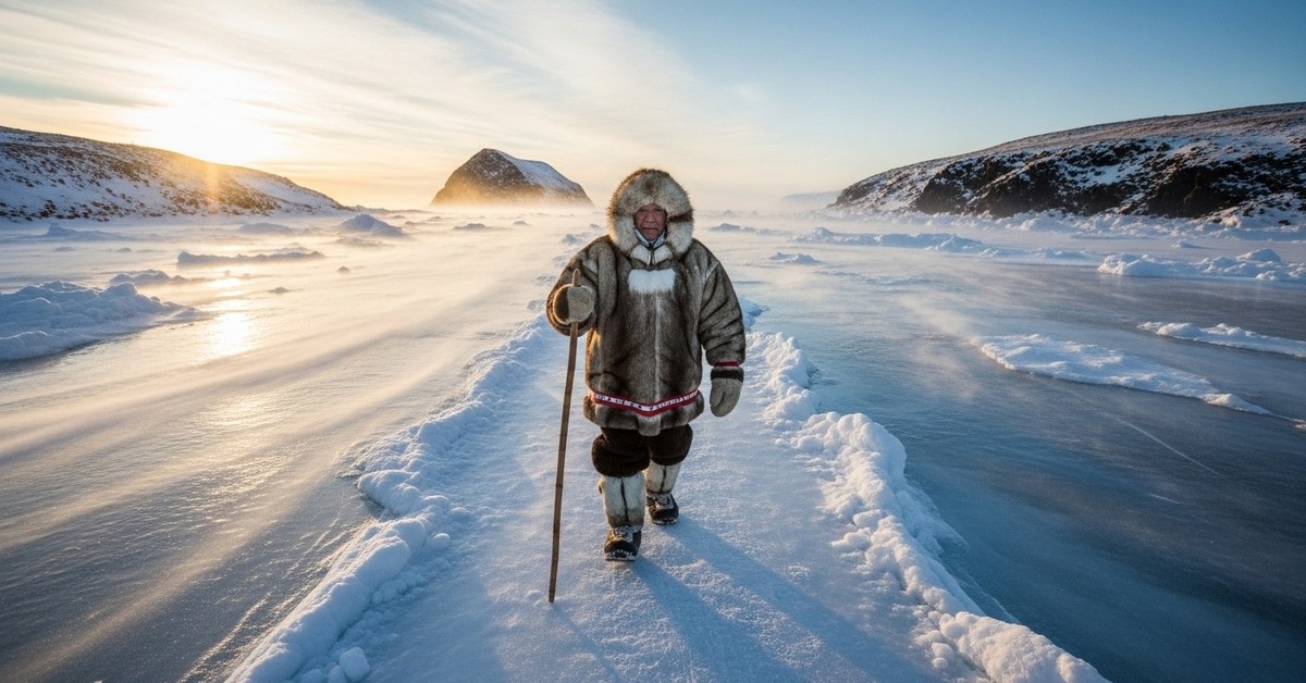 Iñupiat villager standing on frozen Bering Strait ice between two Diomede Islands in winter