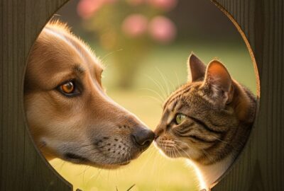 A dog and cat touching noses through a small gap in a wooden fence