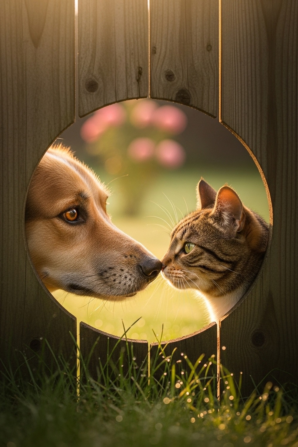 A dog and cat touching noses through a small gap in a wooden fence