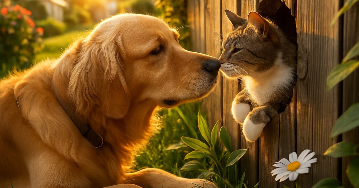 Close-up of a dog nose and cat nose nearly meeting through weathered fence boards