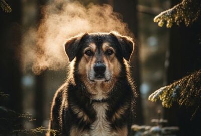 A loyal shepherd dog standing guard in a snowy mountain forest wilderness