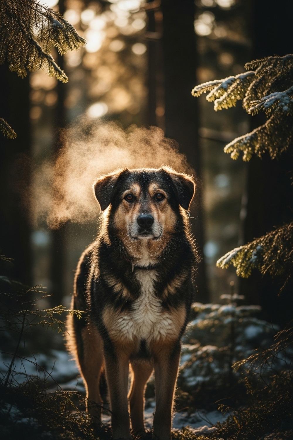 A loyal shepherd dog standing guard in a snowy mountain forest wilderness