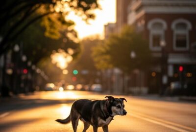 A determined brown dog walking alone through an urban neighborhood at dusk