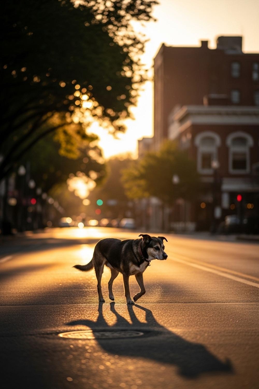 A determined brown dog walking alone through an urban neighborhood at dusk