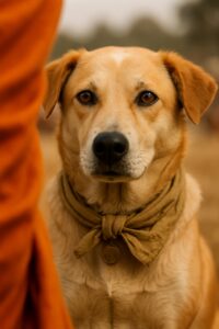 Buddhist monk in saffron robes gently adjusting bandana on calm golden pilgrim dog