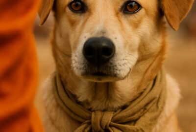 Buddhist monk in saffron robes gently adjusting bandana on calm golden pilgrim dog