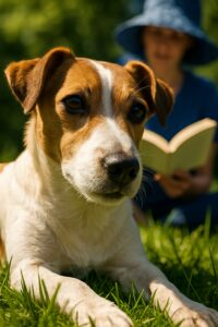 Person reading a book outdoors on green grass beside a relaxed Jack Russell Terrier