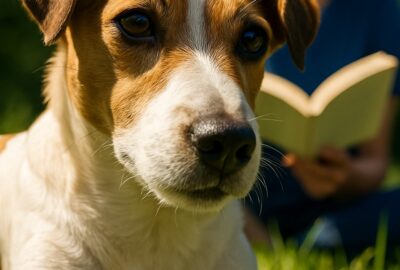 Person reading a book outdoors on green grass beside a relaxed Jack Russell Terrier