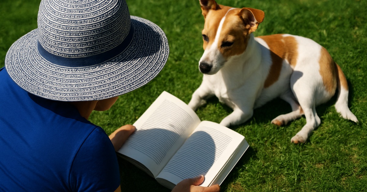 Jack Russell Terrier gazing attentively at an open book held by a reader on sunny grass