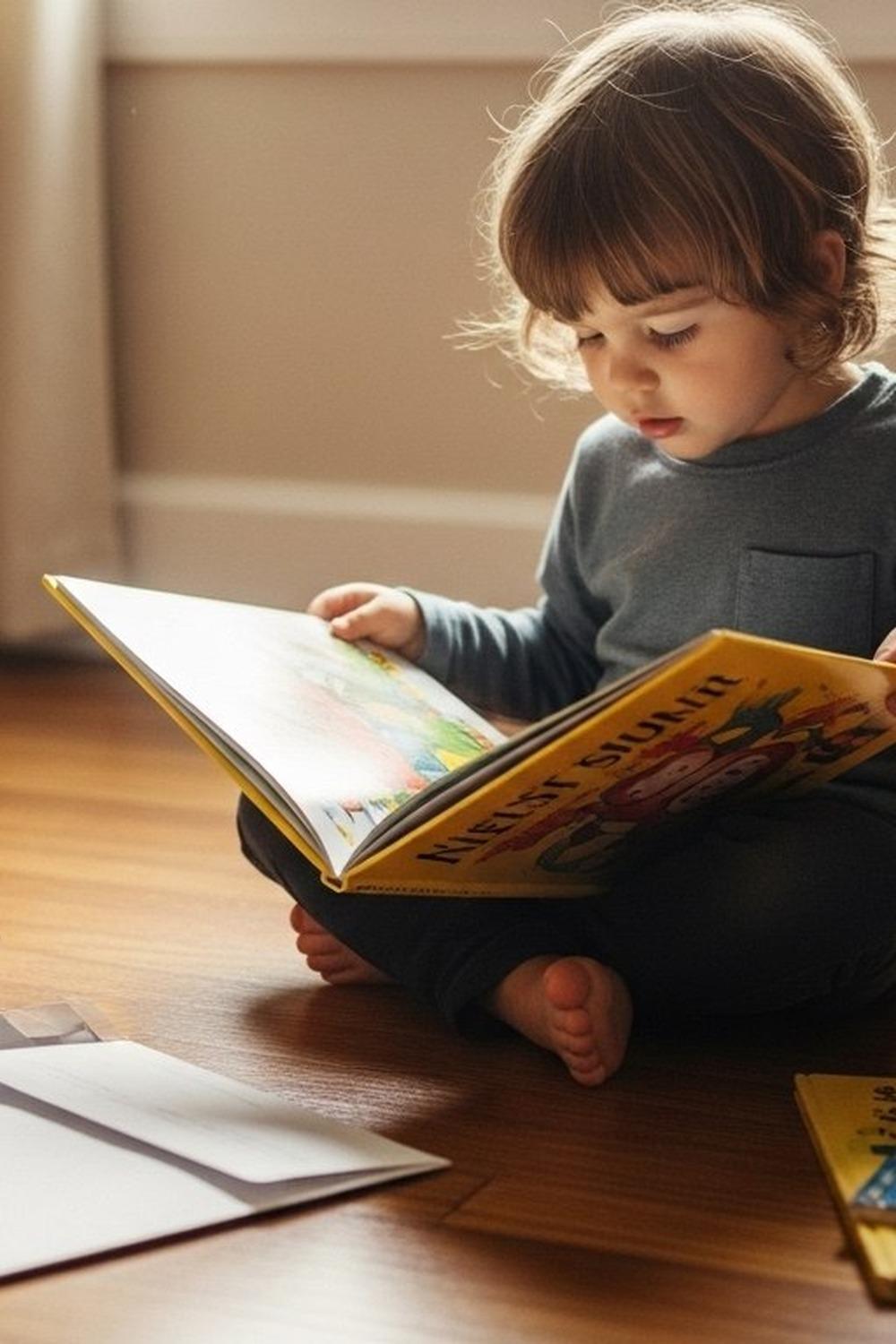 A young child excitedly opening a colorful storybook delivered in the mail at home