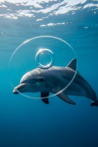 Bottlenose dolphin inspecting a glowing toroidal bubble ring in blue ocean water