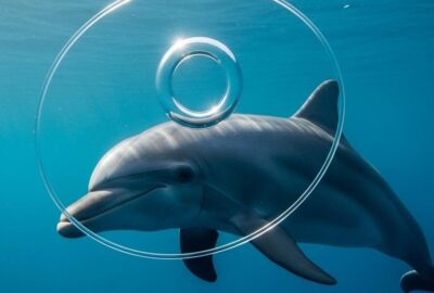 Bottlenose dolphin inspecting a glowing toroidal bubble ring in blue ocean water