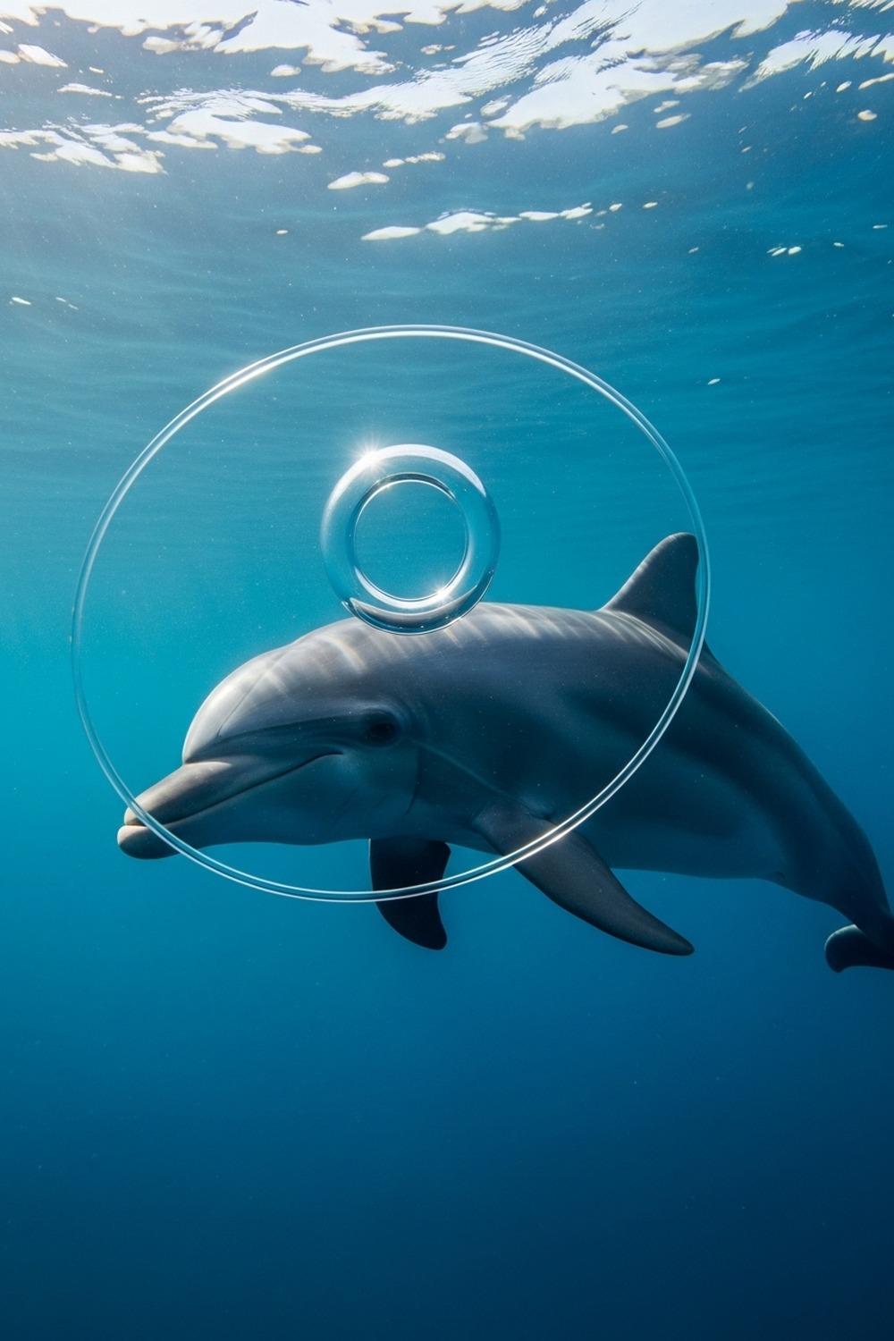 Bottlenose dolphin inspecting a glowing toroidal bubble ring in blue ocean water