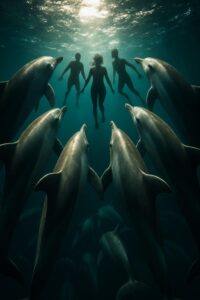 Bottlenose dolphins circling tightly around swimmers in open ocean near New Zealand coast