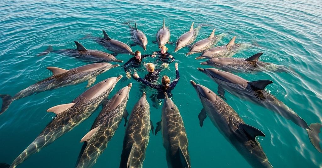 Dolphin pod swimming in tight defensive formation near the ocean surface in blue water