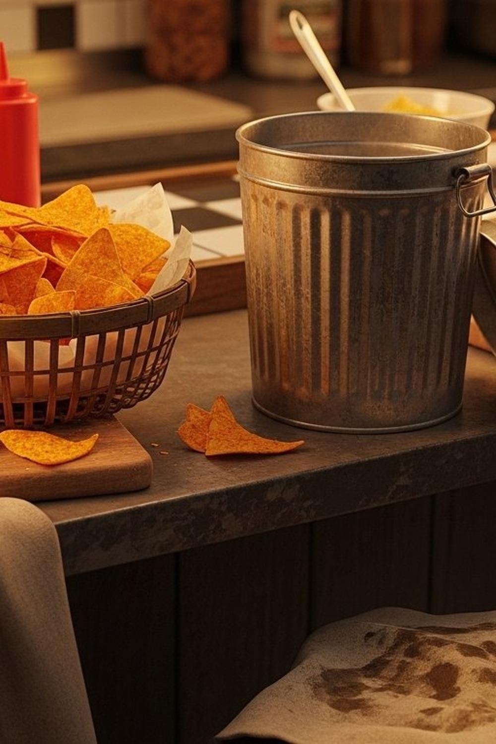 Vintage-style seasoned tortilla chips spilling from a paper bag at a 1960s theme park snack stand