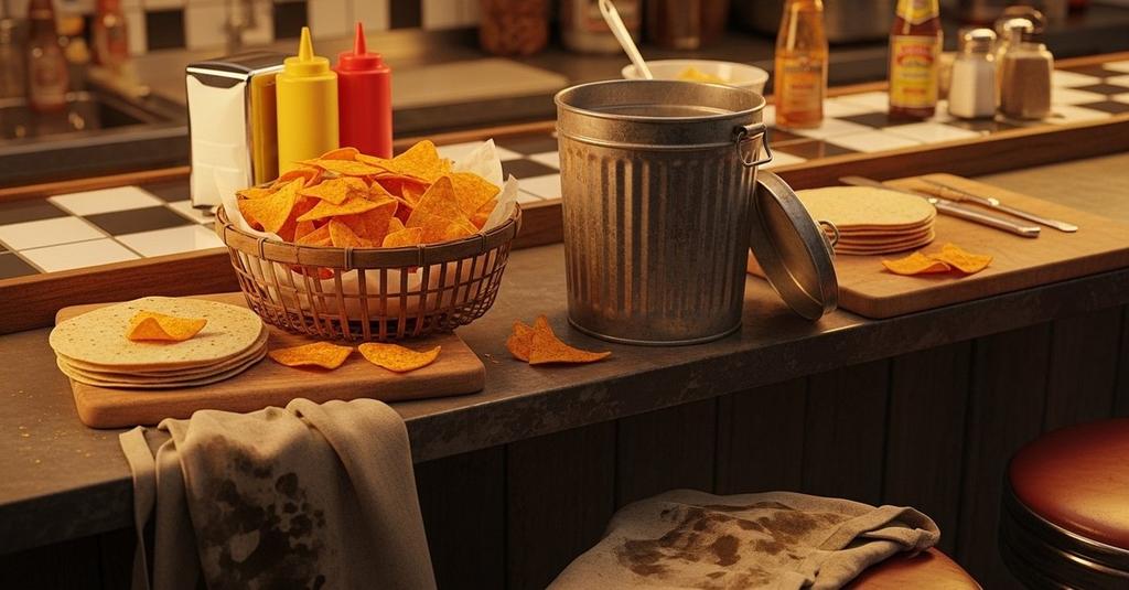 Close-up of golden fried tortilla chips glistening under warm kitchen light in a rustic setting