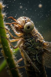 Extreme close-up of a dragonfly nymph with folded prehensile labium jaw extended underwater