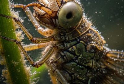 Extreme close-up of a dragonfly nymph with folded prehensile labium jaw extended underwater