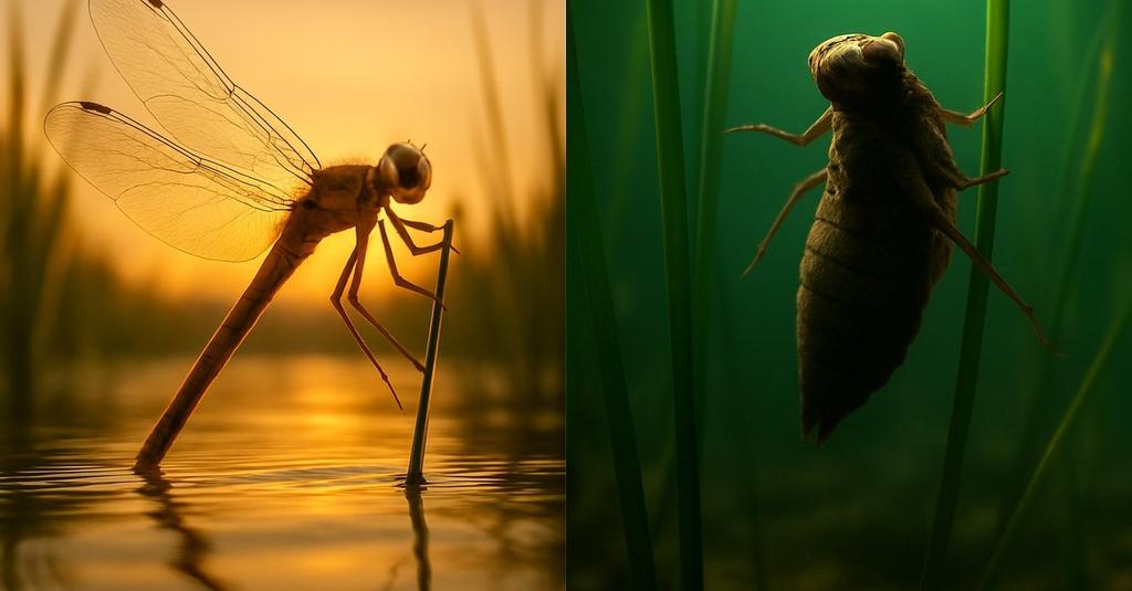 Dragonfly nymph emerging from water onto a reed stem during nocturnal metamorphosis