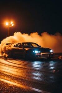 A racing car drifting sideways through a corner surrounded by thick white tire smoke