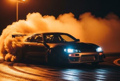 A racing car drifting sideways through a corner surrounded by thick white tire smoke