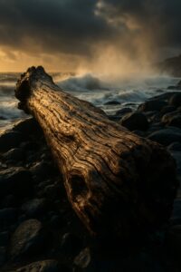 Weathered driftwood log resting on a rugged northern European shoreline at dawn