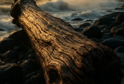 Weathered driftwood log resting on a rugged northern European shoreline at dawn